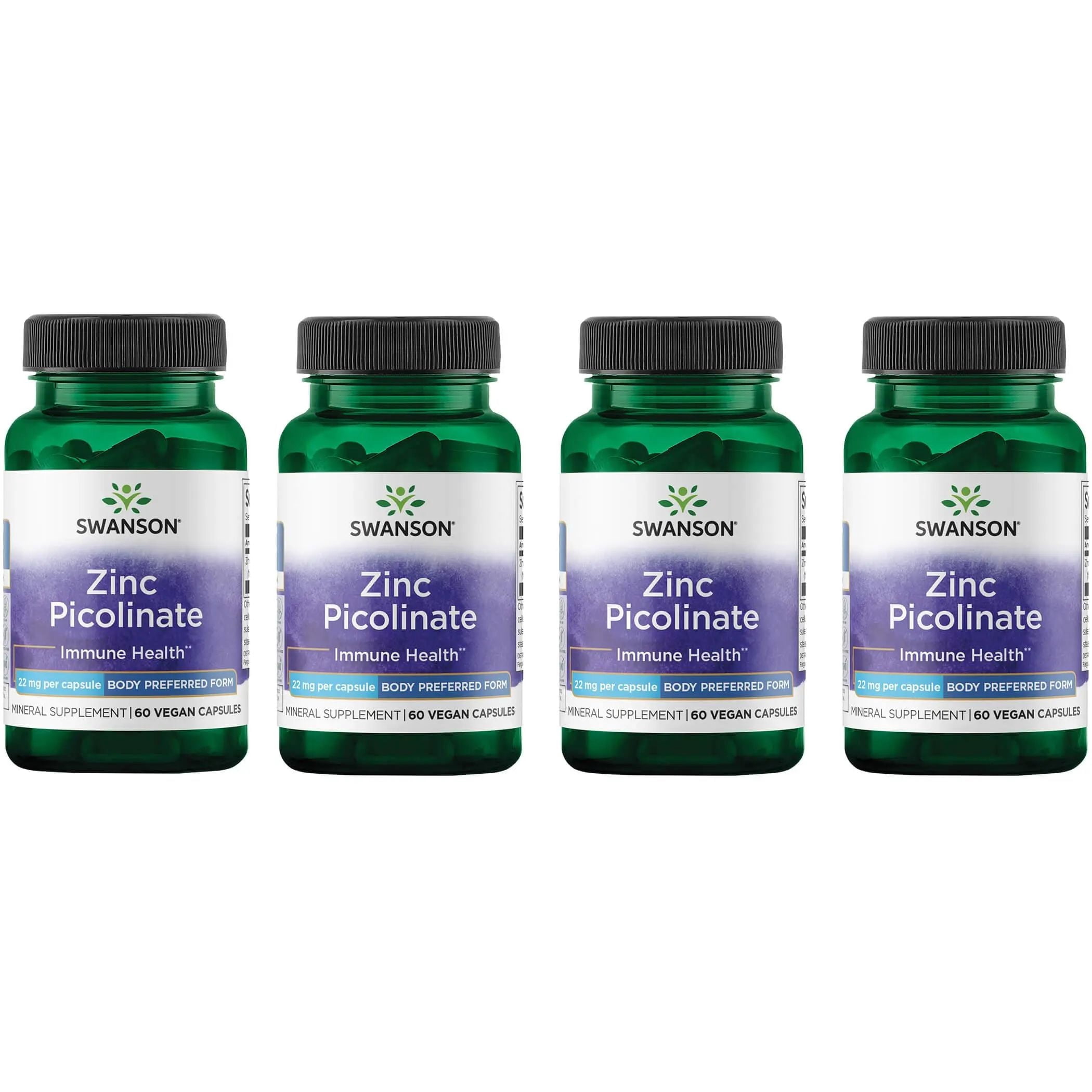 Swanson Zinc Picolinate - Mineral Supplement Promoting Prostate Health, Vision Health, & Immune Support - Body Preferred Form of Chelated Zinc - (60 Capsules, 22mg Each) 4 Pack