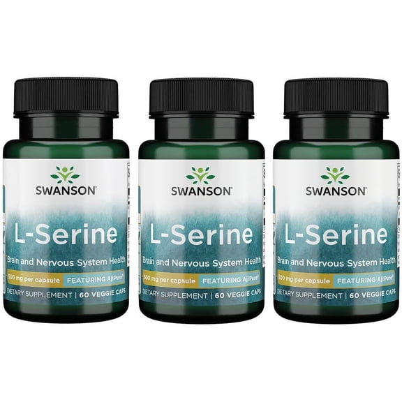Swanson Ajipure L-Serine - Amino Acid Supplement Supporting Brain Health & Nervous System Function - Natural Formula Promoting Cognitive Function - (60 Veggie Capsules, 500mg Each) (3 Pack)