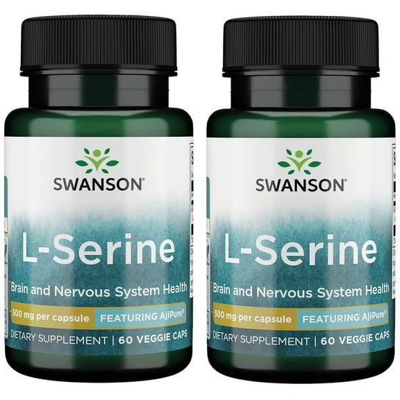 Swanson Ajipure L-Serine - Amino Acid Supplement Supporting Brain Health & Nervous System Function - Natural Formula Promoting Cognitive Function - (60 Veggie Capsules, 500mg Each) (2 Pack)