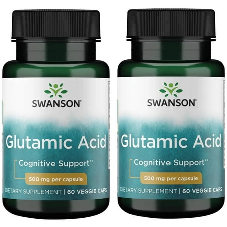 Swanson Amino Acid Glutamic Acid 500 Milligrams 60 Veg Capsules (Pack of 2) (2 Pack)
