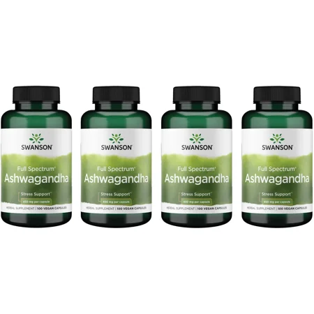 Swanson Ashwagandha Powder Supplement-Ashwagandha Root Supplement Promoting Stress Relief & Energy Support-Ayurvedic Supplement for Natural Wellness (100 Capsules, 450mg Each) (4 Pack)