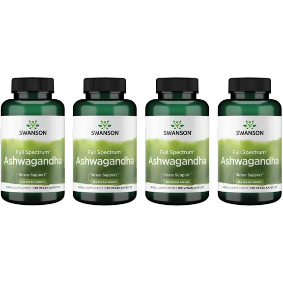 Swanson Ashwagandha Powder Supplement-Ashwagandha Root Supplement Promoting Stress Relief & Energy Support-Ayurvedic Supplement for Natural Wellness (100 Capsules, 450mg Each) (4 Pack)