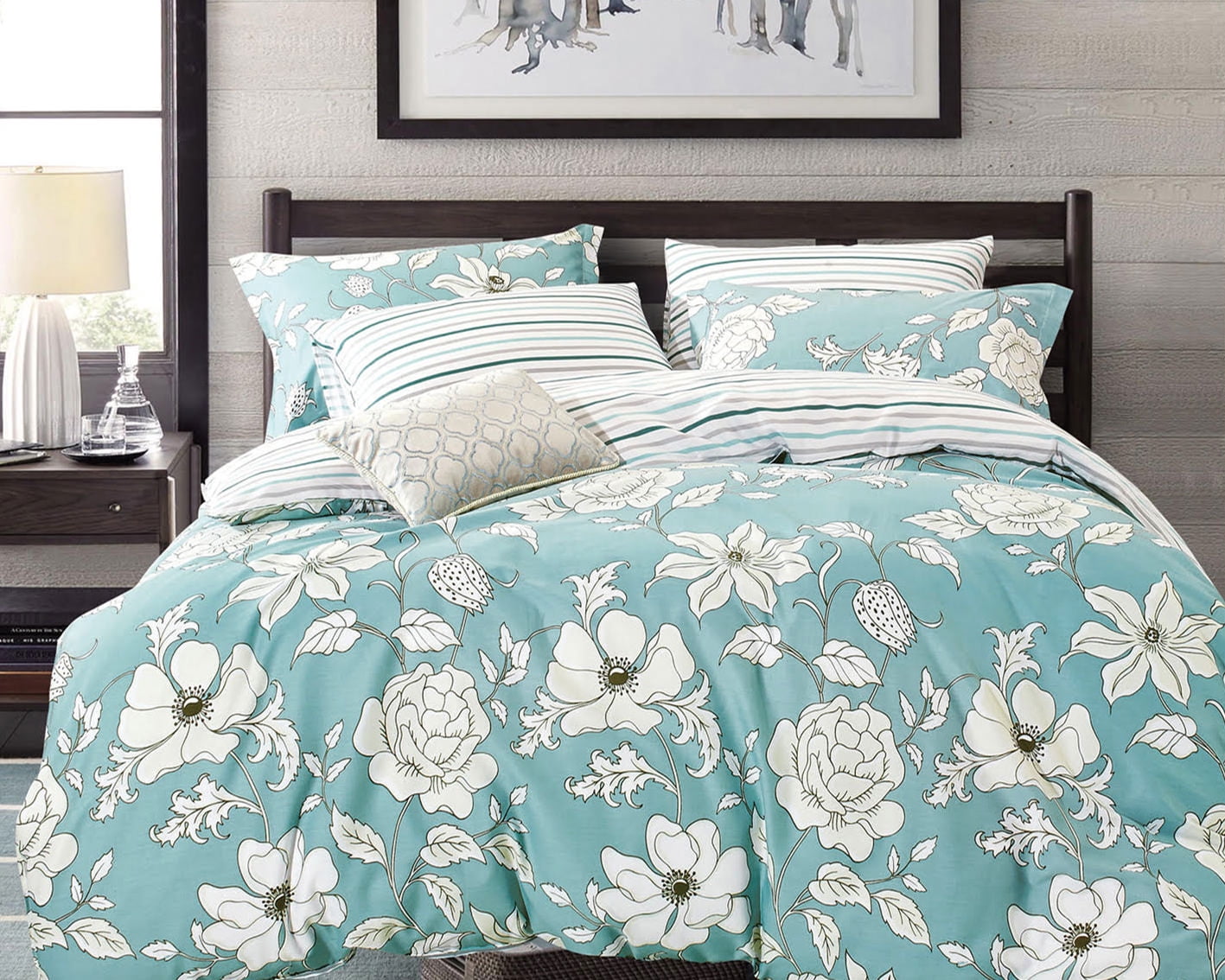 Swanson Beddings Blue Floral 3-Piece 100% Cotton Bedding Set: Duvet Cover and Two Pillow Shams (Queen)