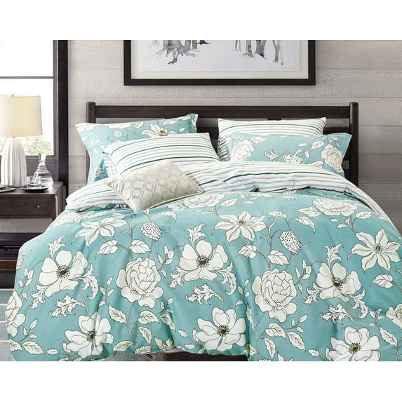 Swanson Beddings Blue Floral 5-Piece 100% Cotton Bedding Set: Duvet Cover, Two Pillow Shams and Two Pillowcases (Queen)