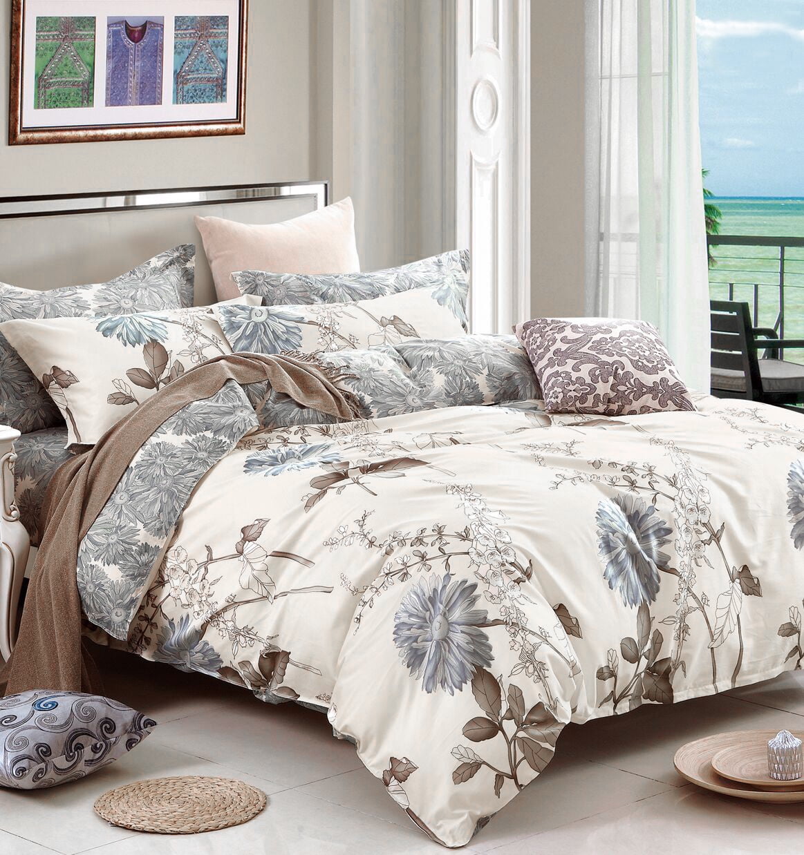 Queen Beige and Blue Cotton Floral Duvet Cover Set
