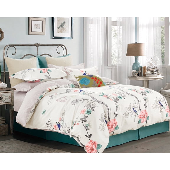 Swanson Beddings Floral Print 3-Piece 100% Cotton Bedding Set: Duvet Cover and Two Pillow Shams (Cream-Light Gray, Queen) (Comforter is NOT included)