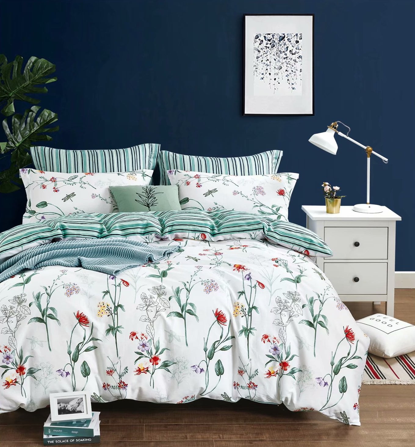 Swanson Beddings Floral and Green Stripes Reversible 3-Piece 100% Cotton Bedding Set: Duvet Cover and Two Pillow Shams Queen (No comforter included)