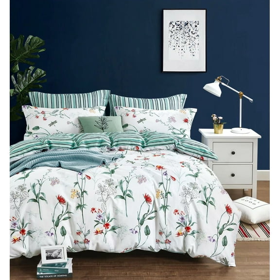 Swanson Beddings Floral and Green Stripes Reversible 3-Piece 100% Cotton Bedding Set: Duvet Cover and Two Pillow Shams Queen (No comforter included)