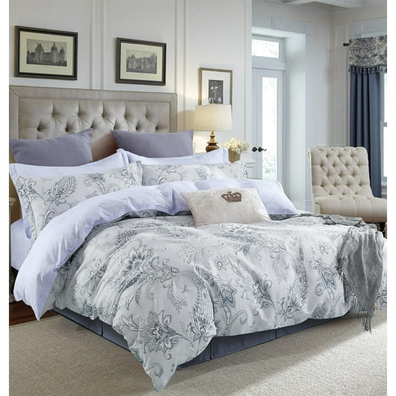 Swanson Beddings Gray Paisley Floral Print 5-Piece 100% Cotton Duvet Cover Set: Duvet Cover, Two Pillowcases and Two Pillow Shams Queen