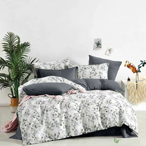 Swanson Beddings Leaves and Gray Floral Reversible 3-Piece Bedding Set: Duvet Cover and Pillow Shams Queen Size (No comforter included)