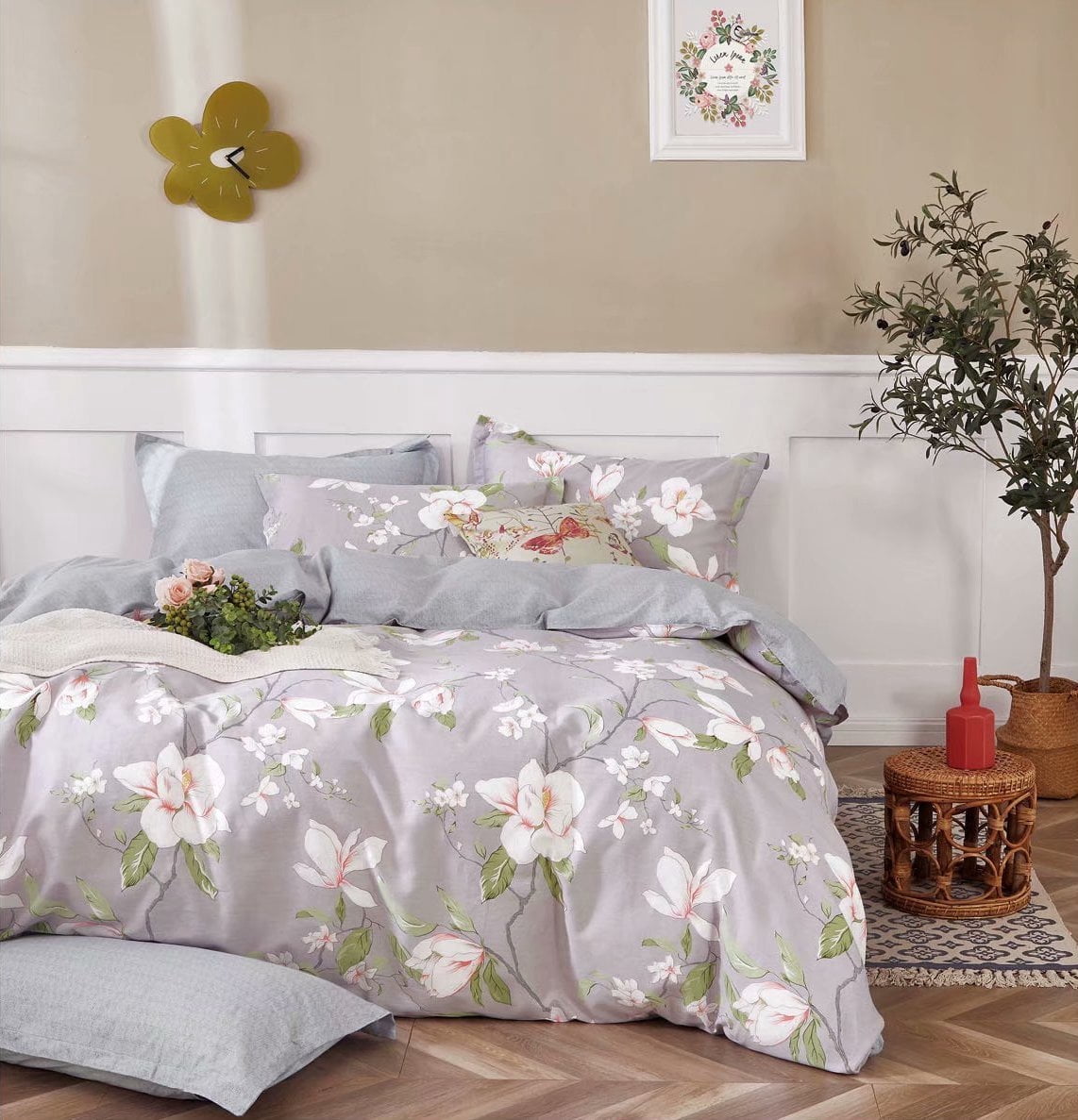 Swanson Beddings Magnolia Floral Print 3-Piece 100% Cotton Bedding Set: Duvet Cover and Two Pillow Shams (King) (Comforter is NOT included)