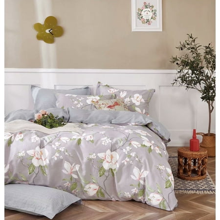 Swanson Beddings Magnolia Floral Print 3-Piece 100% Cotton Bedding Set: Duvet Cover and Two Pillow Shams (Queen)