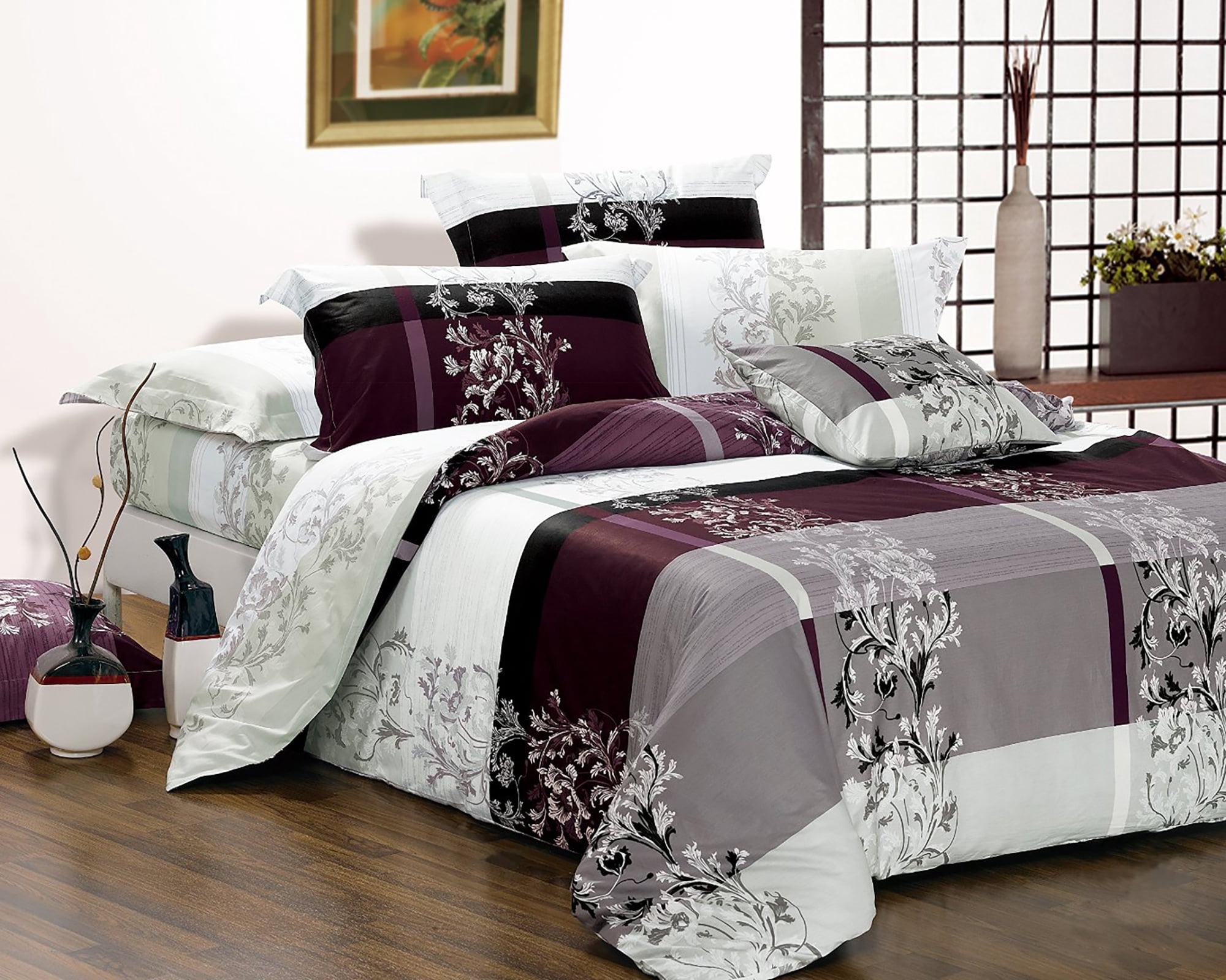 Swanson Beddings May 5-Piece 100% Cotton Bedding Set: Duvet Cover, Two Pillowcases and Two Pillow Shams (Burgundy, Queen)