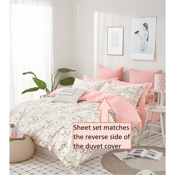 Swanson Beddings Pink Blossom Stripes 100% Cotton Sheet Set : Fitted Sheet, Flat Sheet and Two Matching Pillowcases (Queen)