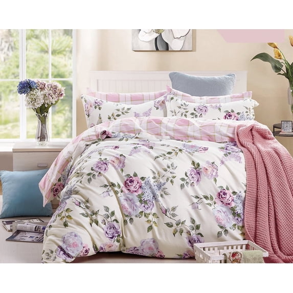 Swanson Beddings Pink-Purple Roses 3-Piece 100% Cotton Bedding Set: Duvet Cover and Two Pillow Shams (Oversized King) (Comforter not included)