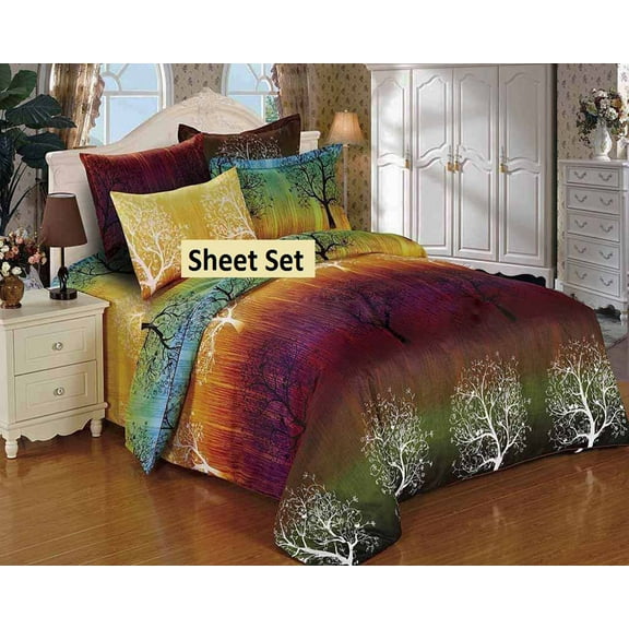 Swanson Beddings Rainbow Tree Sheet Set : Fitted Sheet, Flat Sheet and Two Matching Pillowcases (Full)