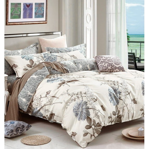 Swanson Beddings Daisy Silhouette Floral Print 5-Piece 100% Cotton Bedding Set: Duvet Cover, Two Pillow Shams and Two Pillowcases (King) (Comforter is NOT included)