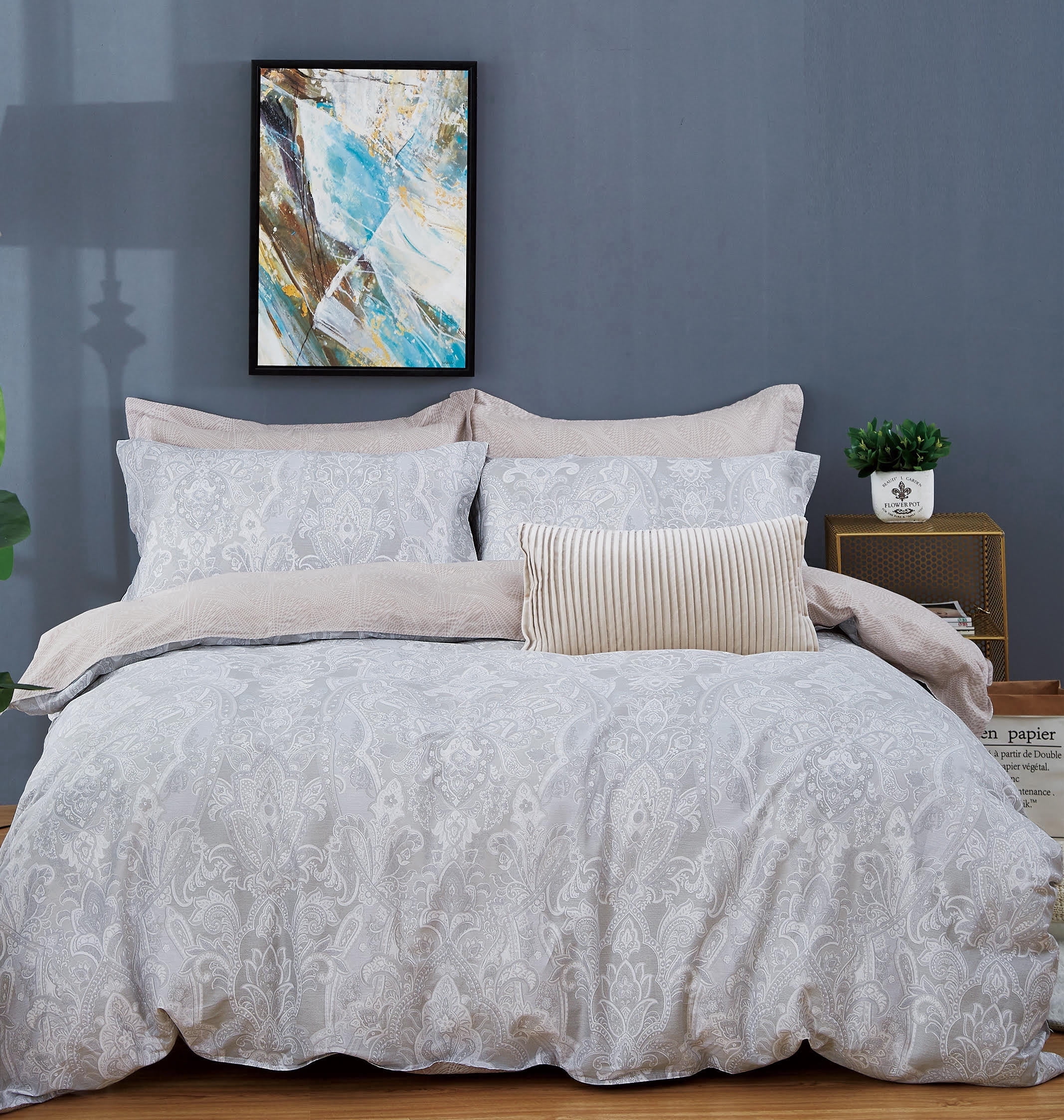 Swanson Beddings Taupe Paisley Floral Print 3-Piece 100% Cotton Duvet Cover Set: Duvet Cover and Two Pillow Shams (King) (Comforter not included)