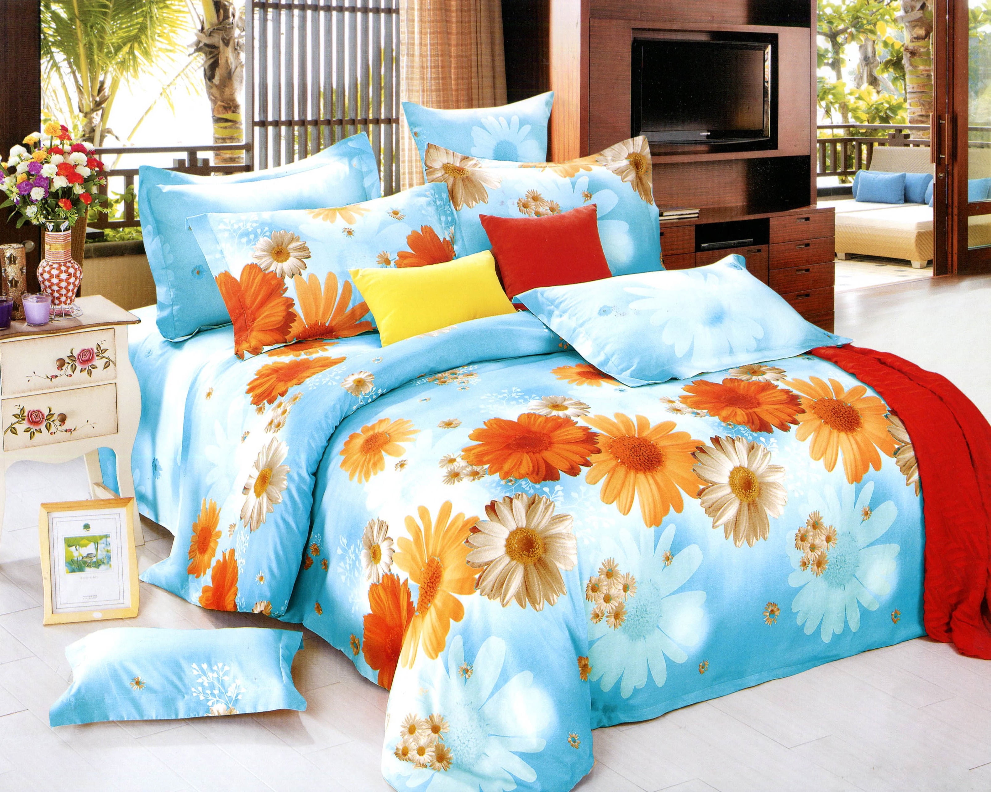 Swanson Beddings Sunny Blue Daisy 3-Piece 100% Cotton Bedding Set: Duvet Cover and Two Pillowcases (King)