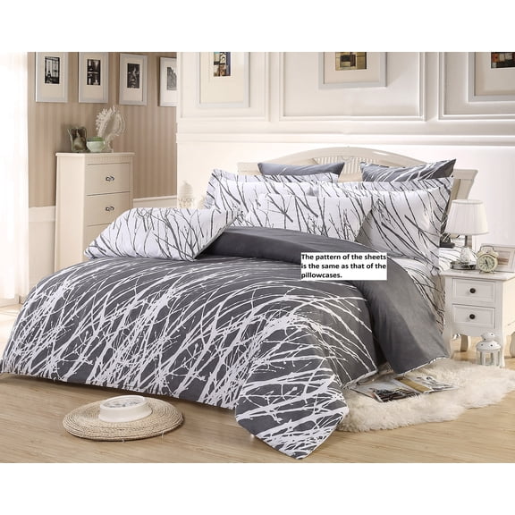 Swanson Beddings Tree Branches 100% Cotton Sheet Set : Fitted Sheet, Flat Sheet and Two Matching Pillowcases (White-Grey, King)