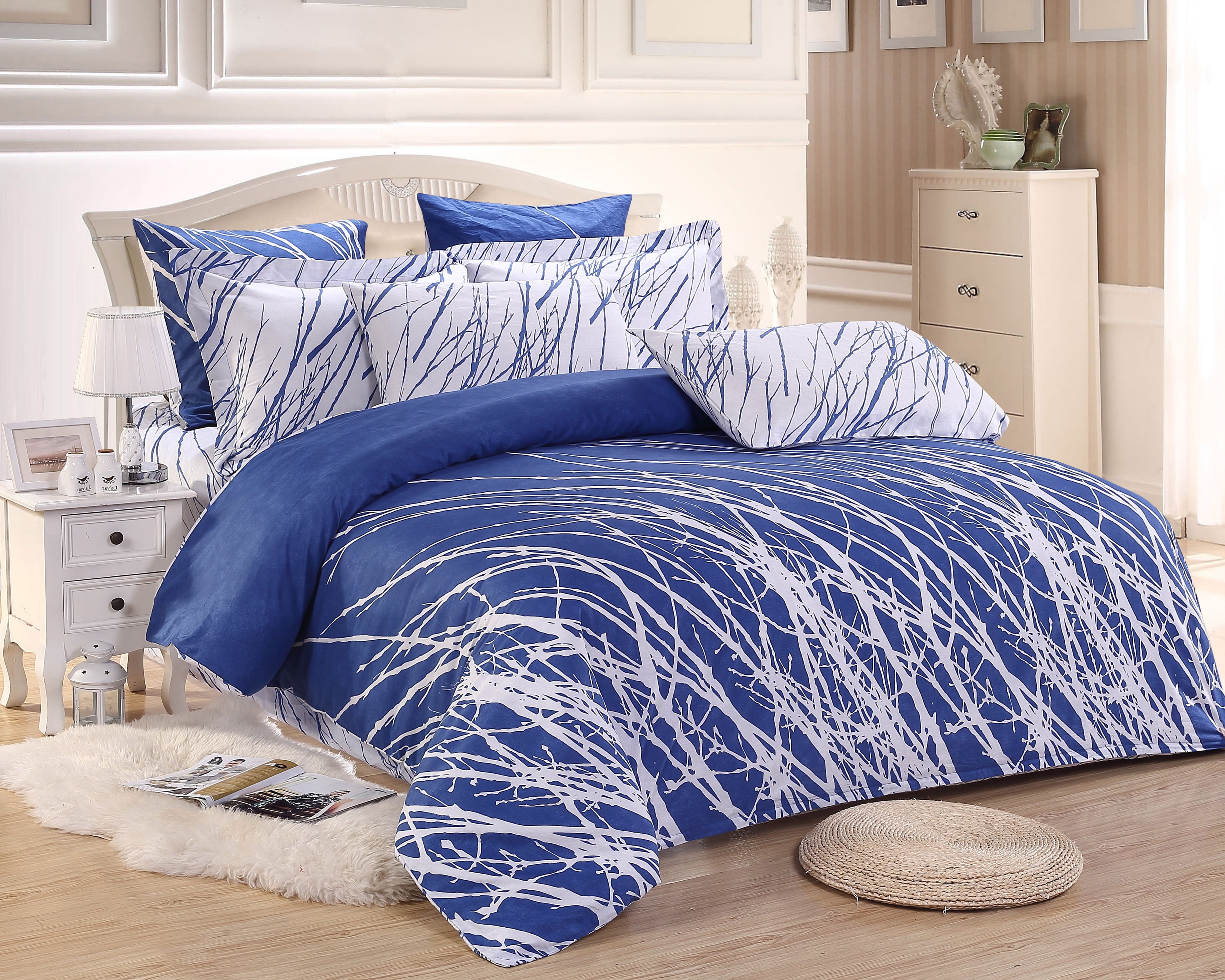 Swanson Beddings Tree Branches Reversible 3-Piece Cotton Bedding Set: Duvet Cover and Two Pillow Shams Blue Queen Size (No Comforter Included)