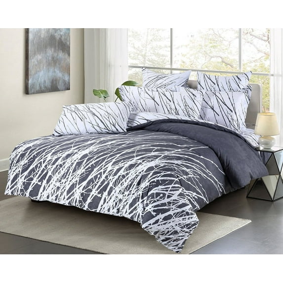 Swanson Beddings Tree Branches Reversible 5-Piece Cotton Bedding Set: Duvet Cover, Two Pillow Shams and Two Euro Shams Gray Full Size (No Comforter Included)