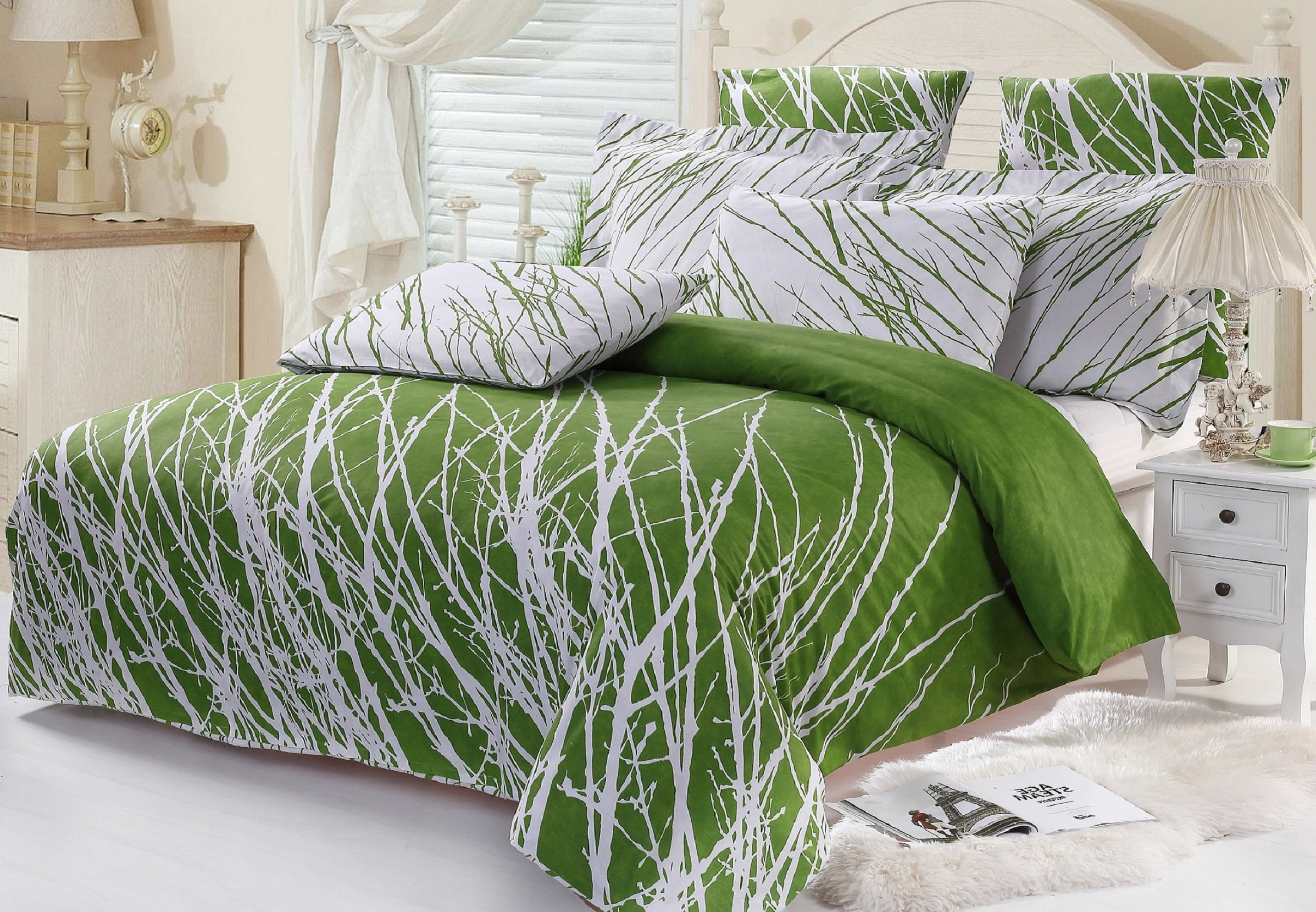 Swanson Beddings Tree Branches Reversible 5-Piece Cotton Bedding Set: Duvet Cover, Two Pillow Shams and Two Euro Shams Green Queen Size (No Comforter Included)