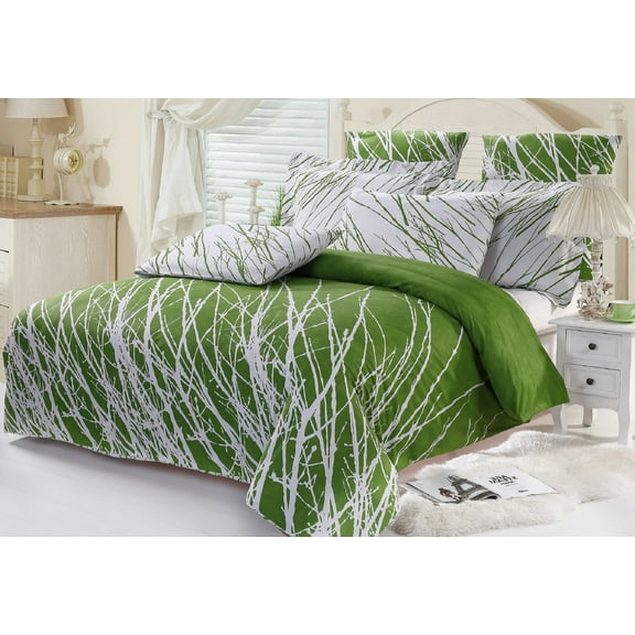 Swanson Beddings Tree Branches Reversible 5-Piece Cotton Bedding Set: Duvet Cover, Two Pillow Shams and Two Euro Shams Green Queen Size (No Comforter Included)