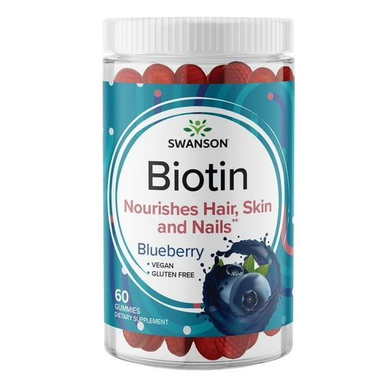 Swanson Biotin Gummies - Daily Supplement Promoting Energy Production & A Healthy Body - All Natural Formula to Help Healthy Hair, Skin, and Nails - (Blueberry, 60 Gummies)