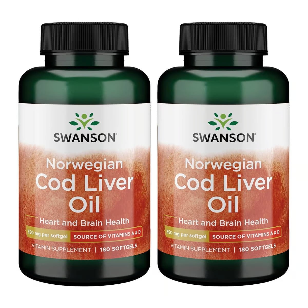 Swanson Cod Liver Oil - Wellness Supplement Promoting Bone, Skin Health, Vision Support & Immune System Function w/ High Absorption Vitamin A - (180 Softgels, 350mg Each) 2 Pack