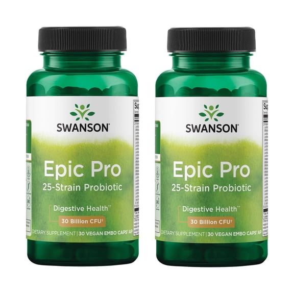 Swanson Epic-Pro 25-Strain Probiotic 30 Billion CFU Digestive Health Immune System Support Prebiotic Nutraflora FOS 30 DRcaps Veggie Capsules (Caps) (2 Pack)