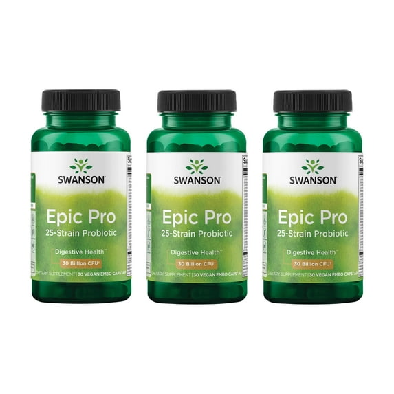 Swanson Epic-Pro 25-Strain Probiotic 30 Billion CFU Digestive Health Immune System Support Prebiotic Nutraflora FOS 30 DRcaps Veggie Capsules (Caps) (3 Pack)