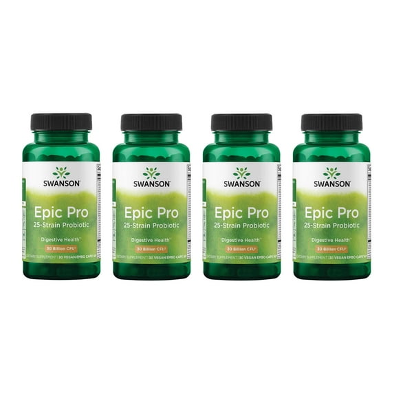 Swanson Epic-Pro 25-Strain Probiotic 30 Billion CFU Digestive Health Immune System Support Prebiotic Nutraflora FOS 30 DRcaps Veggie Capsules (Caps) (4 Pack)
