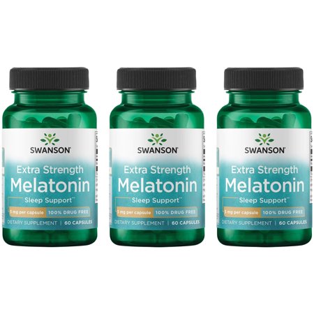 Swanson Extra Strength Melatonin - 100% Drug Free 5 mg 60 Caps 3 Pack