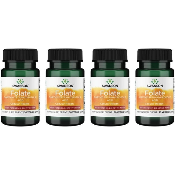 Swanson Folate 5-Methyltetrahydrofolic Acid - High Potency, Bioactive Form 800 mcg Dfe 30 Veg Caps 4 Pack