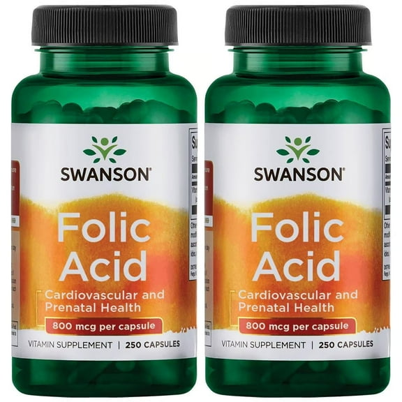 Swanson Folic Acid B-Vitamin Supplement, Supports Prenatal Health & Heart Health, 250 Capsules, 800 mcg (2-pack)