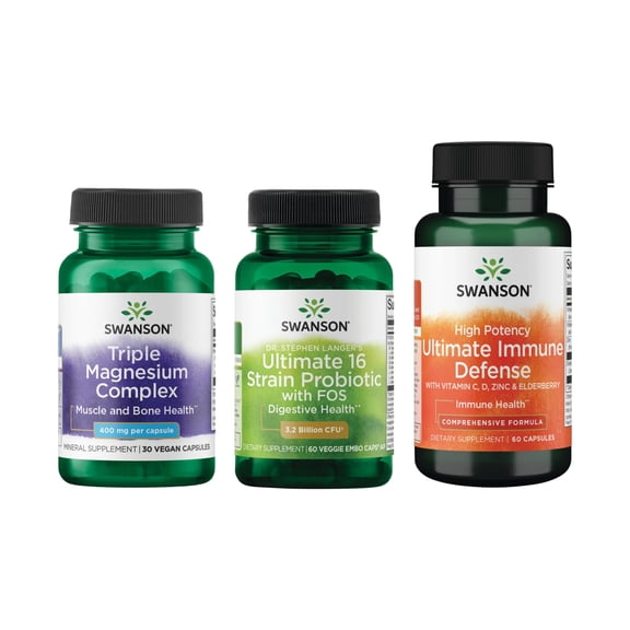 Swanson Triple Magnesium 30 Caps, Probiotic 16 Strain 60 Caps, Immune Defense 60 Caps Bundle