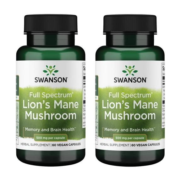 Swanson Lion's Mane Mushroom-Herbal Supplement Promoting Mental Focus, Clarity, & Memory Support-Traditional Brain Booster Supplement Made from Hericium Erinaceus-(60 Capsules, 500mg Each) 2 Bottles