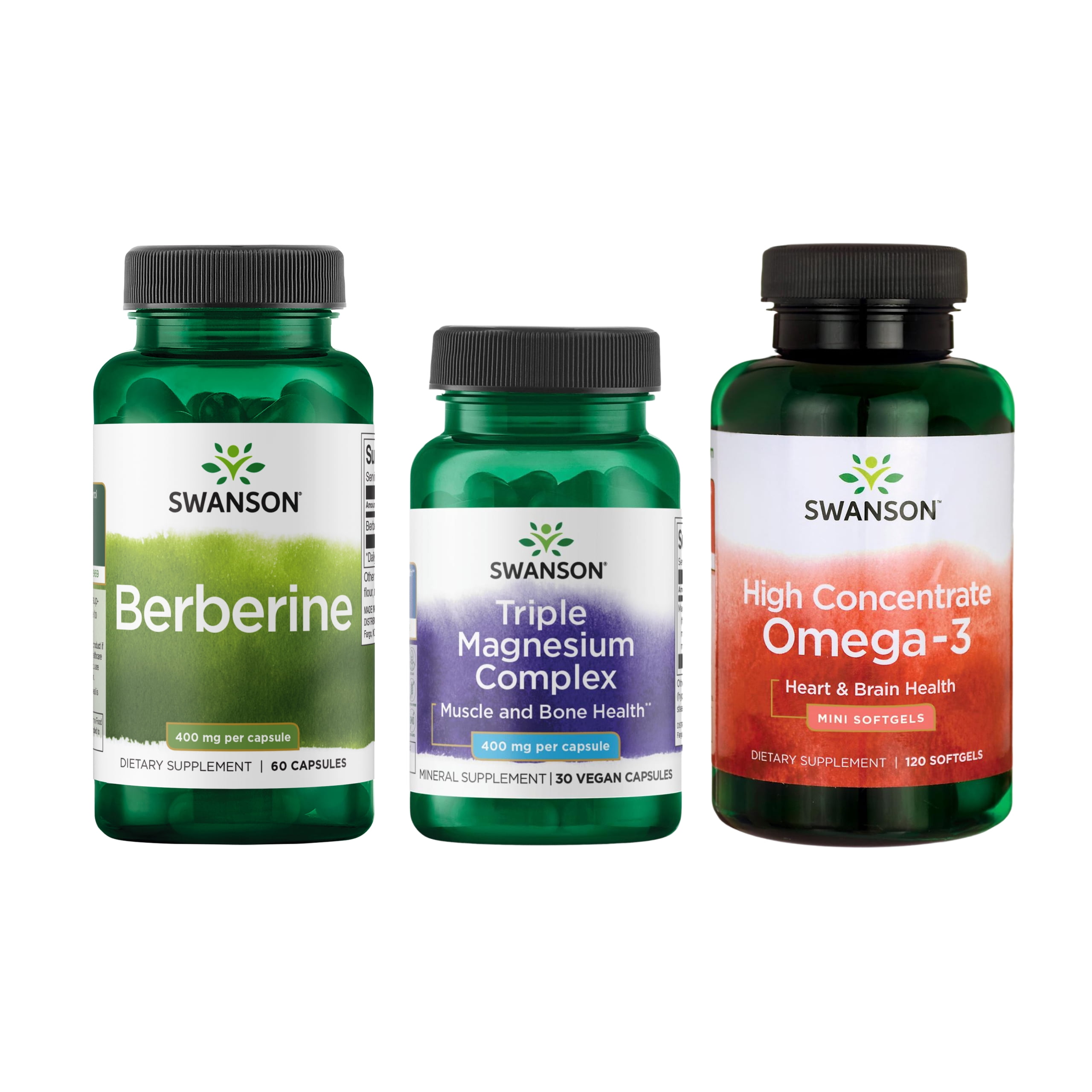 Swanson Berberine 60 Capsules, Triple Magnesium 30 Capsules, Omega-3 120 Softgels Bundle