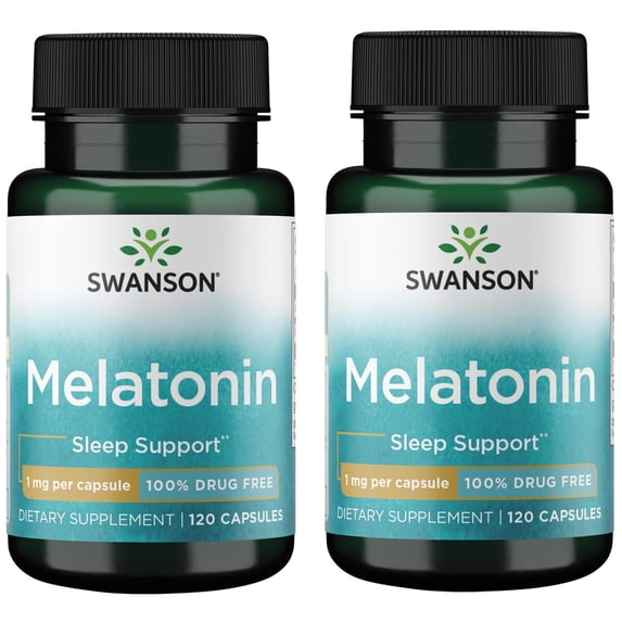 Swanson Low Dose Melatonin - 100% Drug Free 1 mg 120 Vegan Caps 2 Pack