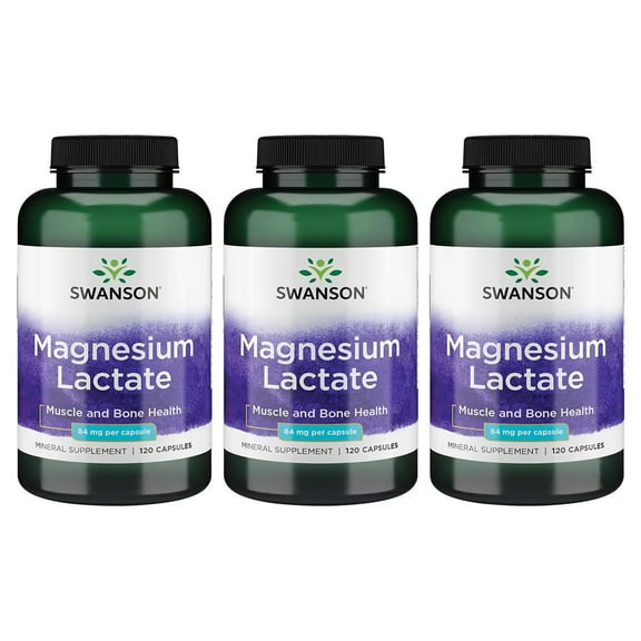Swanson Magnesium Lactate - Mineral Supplement Promoting Muscle and Bone Health Support - Lactose-Free Lactate Mineral Form for Gentle Absorption - (120 Capsules, 84mg Each) (3 Pack)