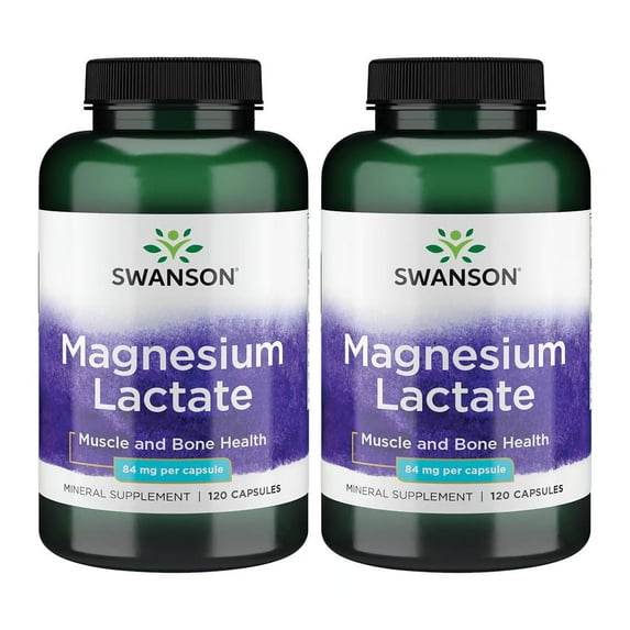 Swanson Magnesium Lactate Supplement, 84mg, Lactose-Free, Gentle Absorption, 120 Capsules (2 Pack)