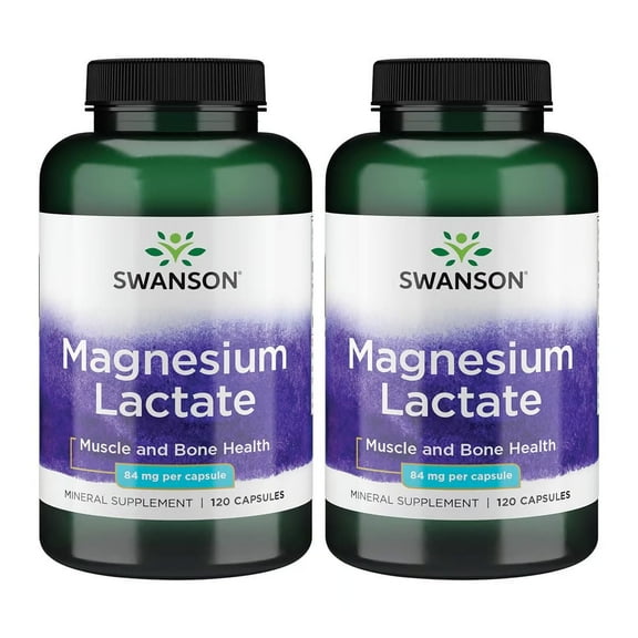 Swanson Magnesium Lactate Supplement, 84mg, Lactose-Free, Gentle Absorption, 120 Capsules (2 Pack)