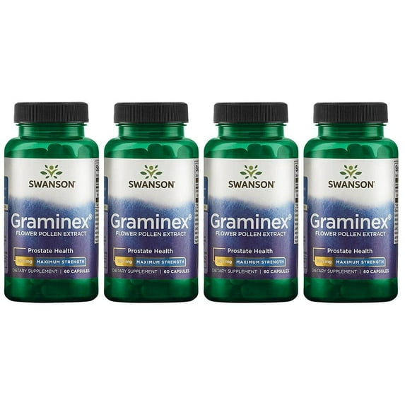 Swanson Maximum Strength Graminex Flower Pollen Extract - Supports Prostate Health, Urinary Tract Function, and Kidney Health - Mens Health Supplement - (60 Capsules, 500mg Each) (4 Pack)