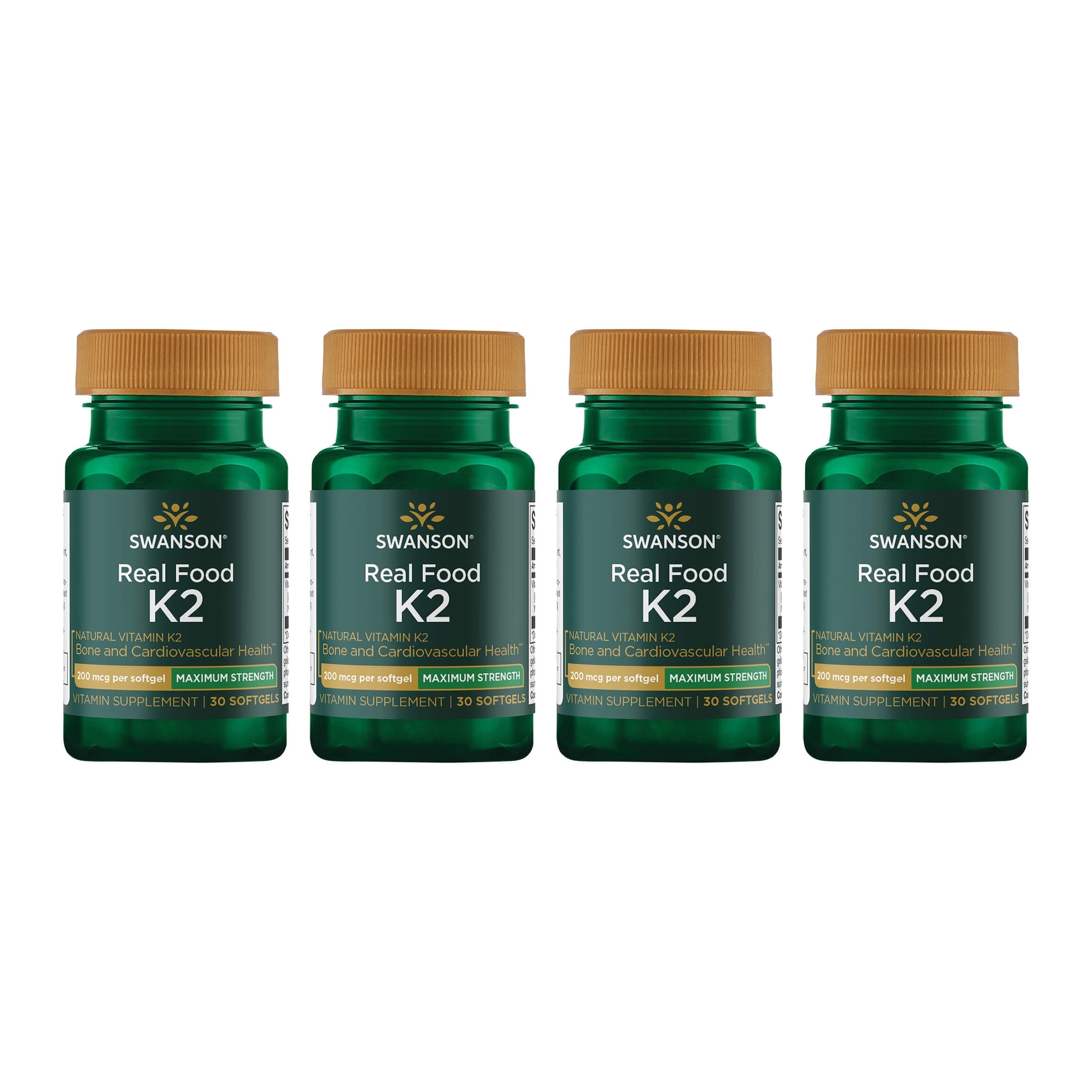 Swanson Maximum Strength Vitamin K2 (Menaquinone-7)-Vitamin Supplement Supporting Cardiovascular and Bone Health-Made from Japanese Natto to Help Regulate Calcium (30 Softgels, 200mcg Each) 4 Pack