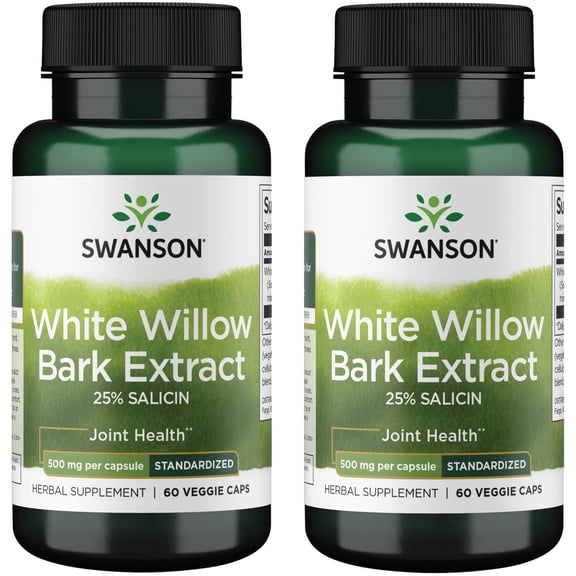 Swanson Maximum Strength White Willow Bark Extract-Promotes Joint Support & Muscle Relief-Standardized to 25% Salicin-Natural Supplement with No Stomach Irritation (60 Veggie Caps, 500mg Each) 2 Pack
