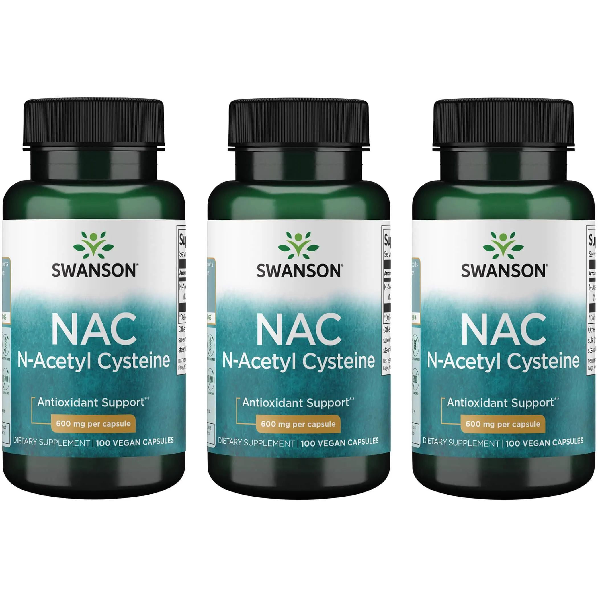 Swanson NAC N-Acetyl Cysteine Supplement, Antioxidant Support, 600 mg, 100 Capsules, 3 Pack