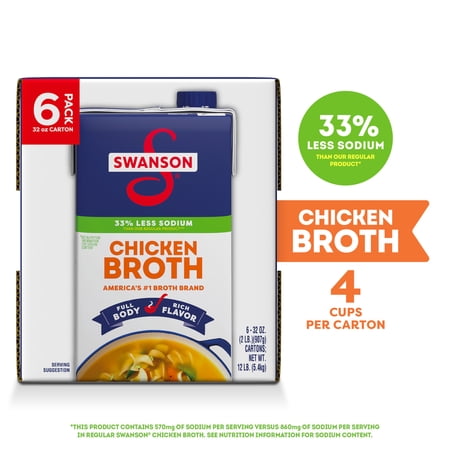 Swanson Lower Sodium Chicken Broth, 32 oz Carton (6 Pack)
