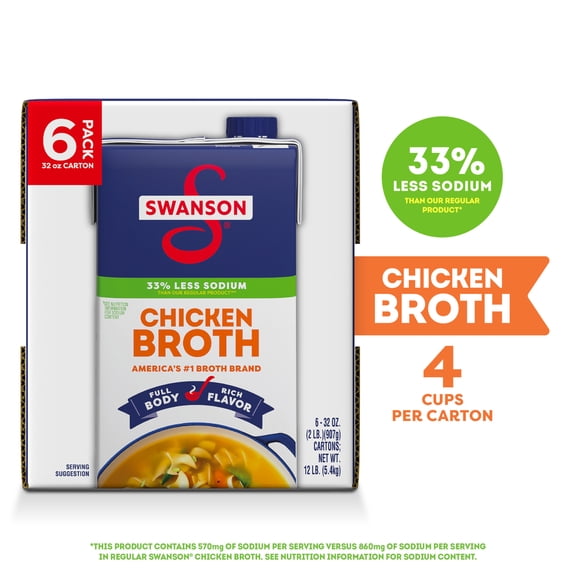 Swanson Lower Sodium Chicken Broth, 32 oz Carton (6 Pack)