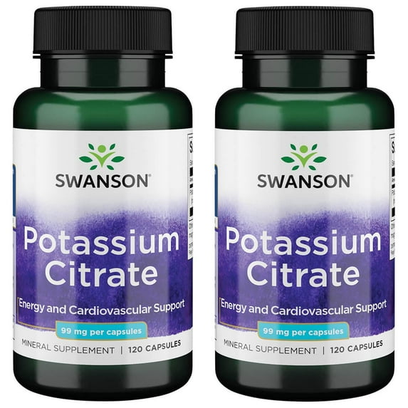 Swanson Potassium Citrate Mineral Supplement, Helps Support Heart Health & Energy, 99 mg, 120 Capsules, 2-Pack